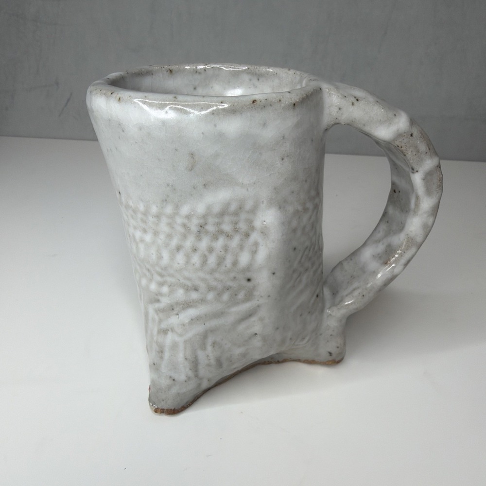 Handmade Studio Pottery Mug White Gray Glazed Textured Footed Artisan Cup